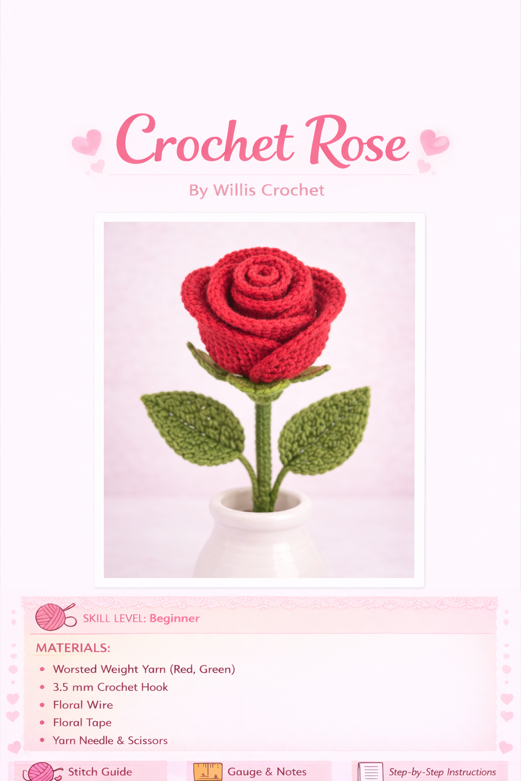 Valentine Crochet Pattern Bundle (3 PDFs) — Bear + Crochet Rose + Chocolate Covered Strawberry (Beginner)