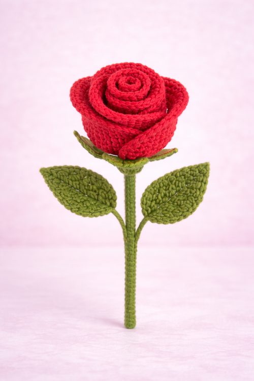 Crochet Rose Pattern PDF (Beginner) — Realistic Rose Stem + Leaves (Worsted Yarn)