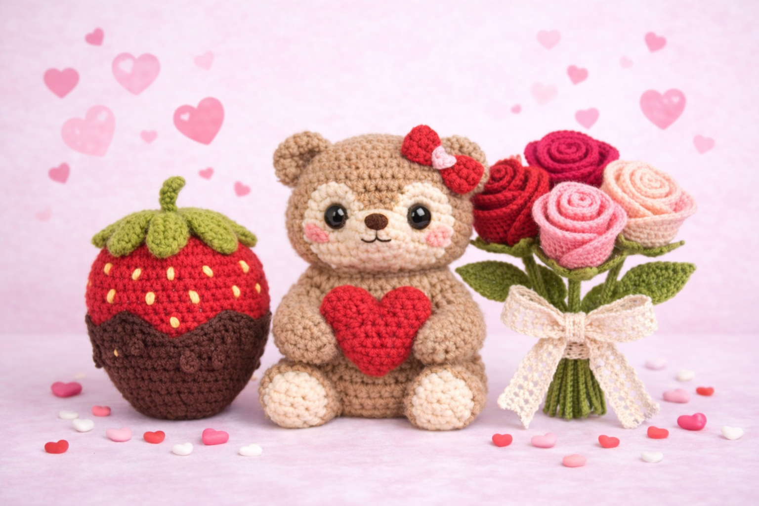 Valentine Crochet Pattern Bundle (3 PDFs) — Bear + Crochet Rose + Chocolate Covered Strawberry (Beginner)