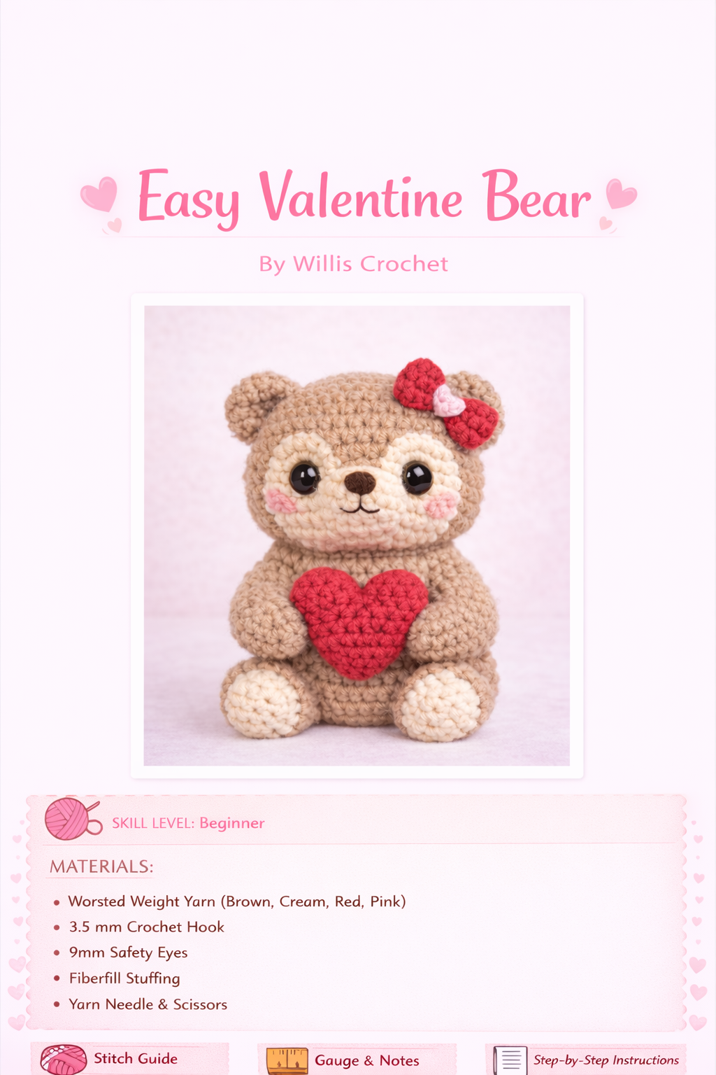 Easy Valentine Bear Crochet Pattern PDF (Beginner Amigurumi) – Plush Bear with Heart